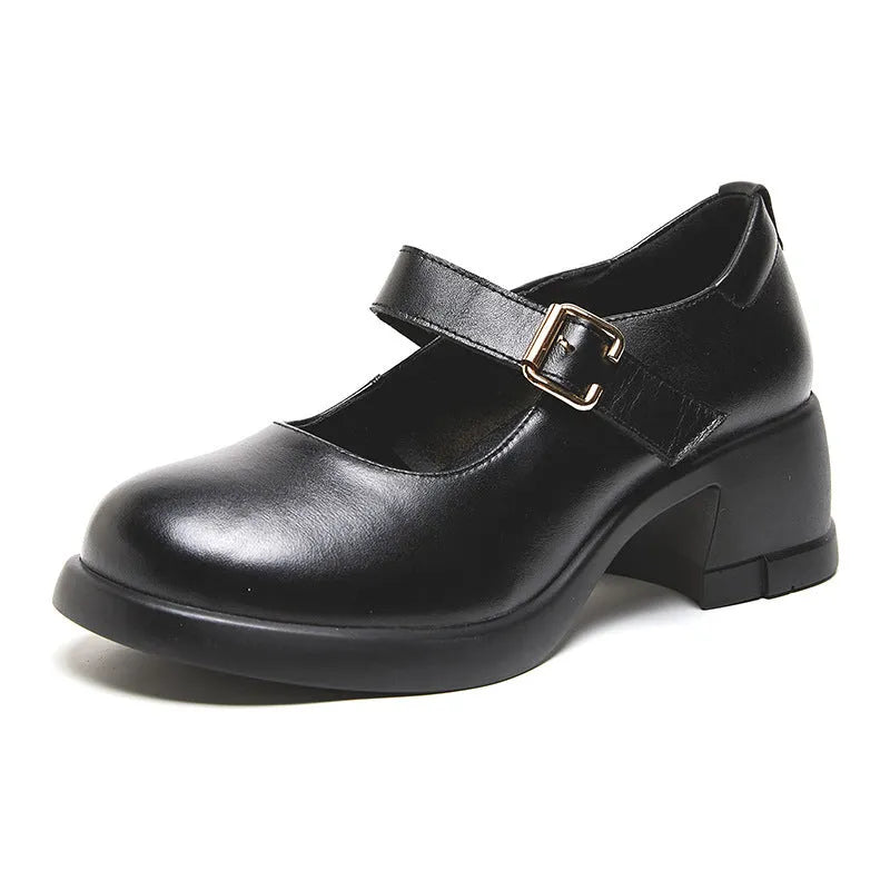 Genuine cowhide retro Mary Jane shoes with chunky heel and Velcro fastening in 23012 Brown