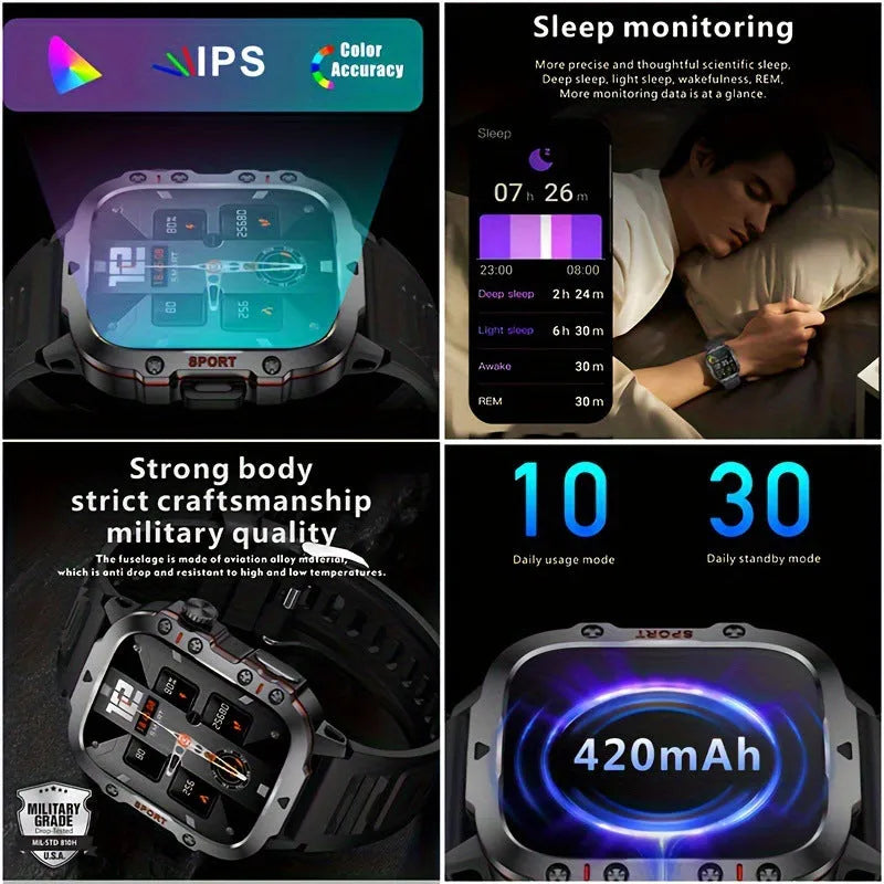 Sports outdoor Bluetooth calling watch with TFT screen, black silicone strap, showing heart rate monitoring display