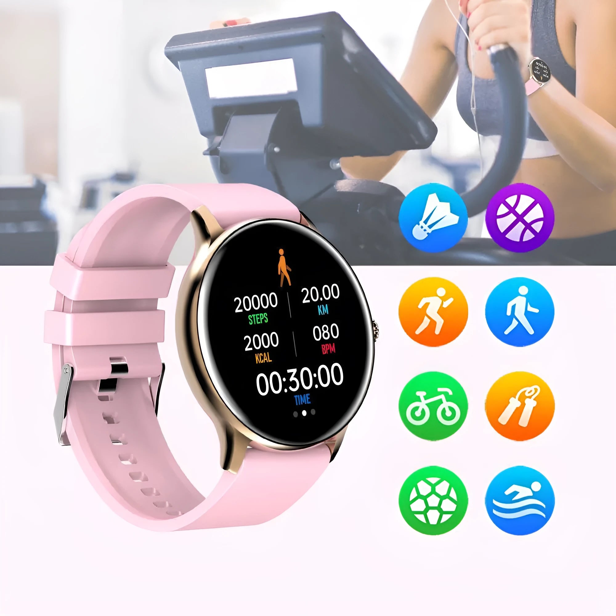 Black smart sports watch with circular screen displaying health metrics on a silicone wristband.
