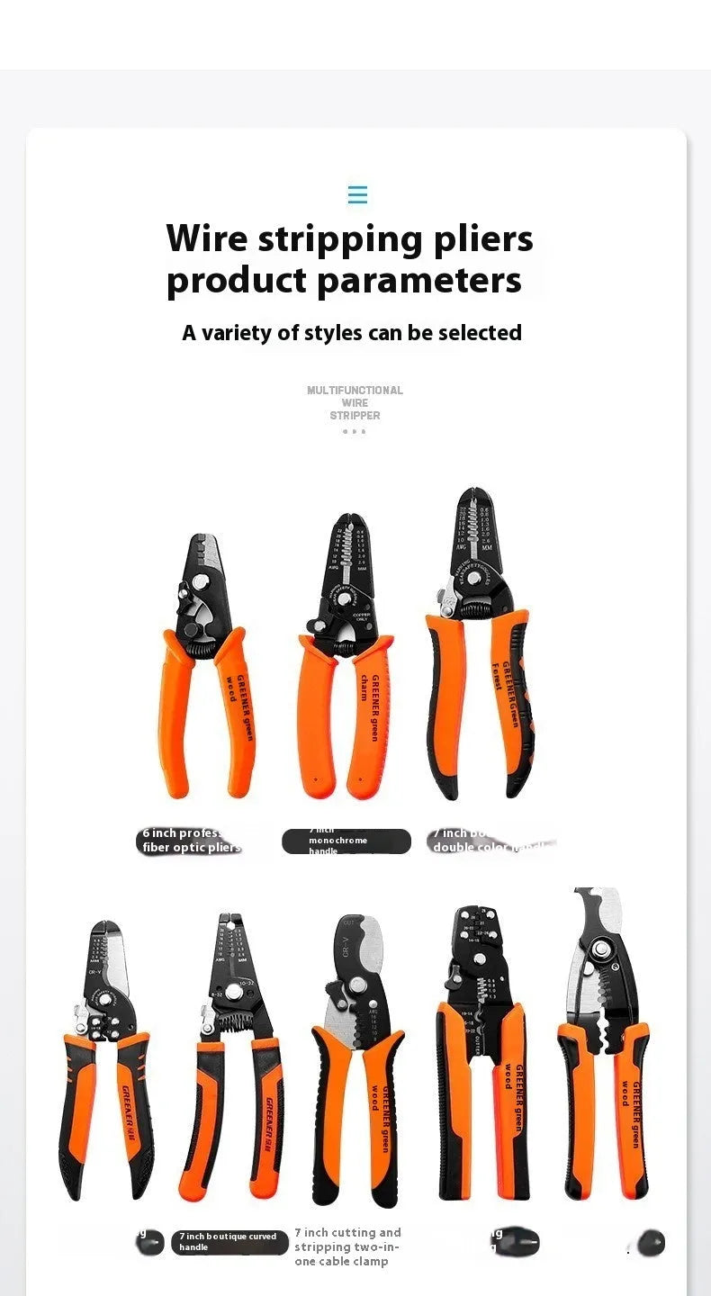 Fully automatic wire stripping pliers tool with a high carbon steel blade on a white background.