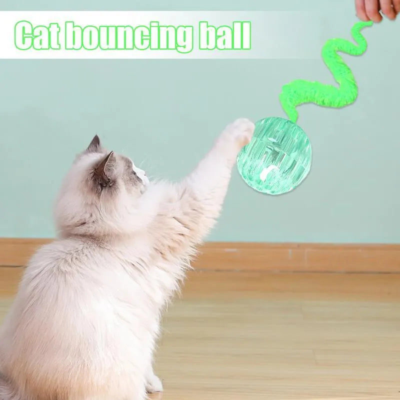 TPR interactive cat ball toy with attached worm tail in green, pink or purple colours