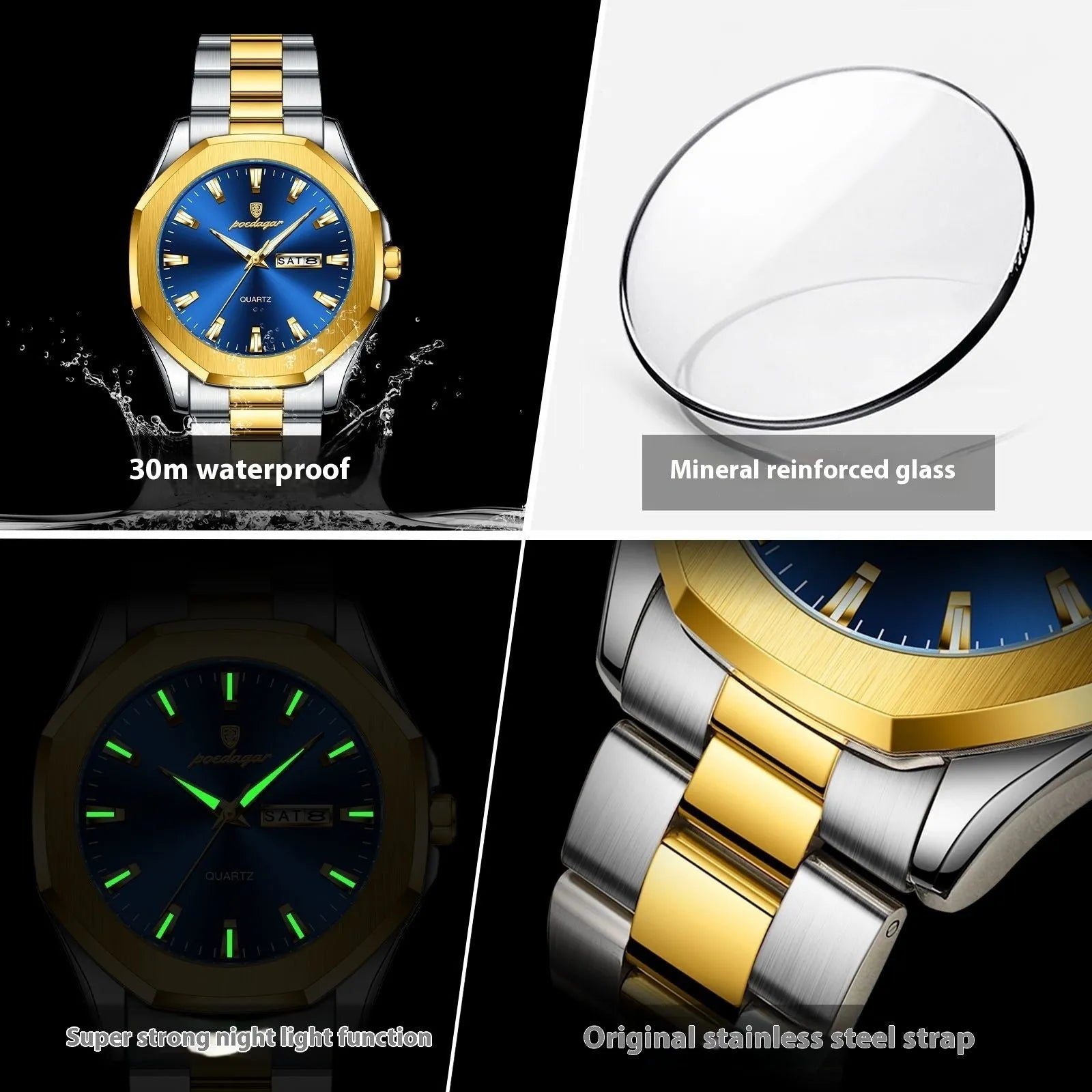 Men's steel strap quartz watch with a business design, shown in various colour combinations