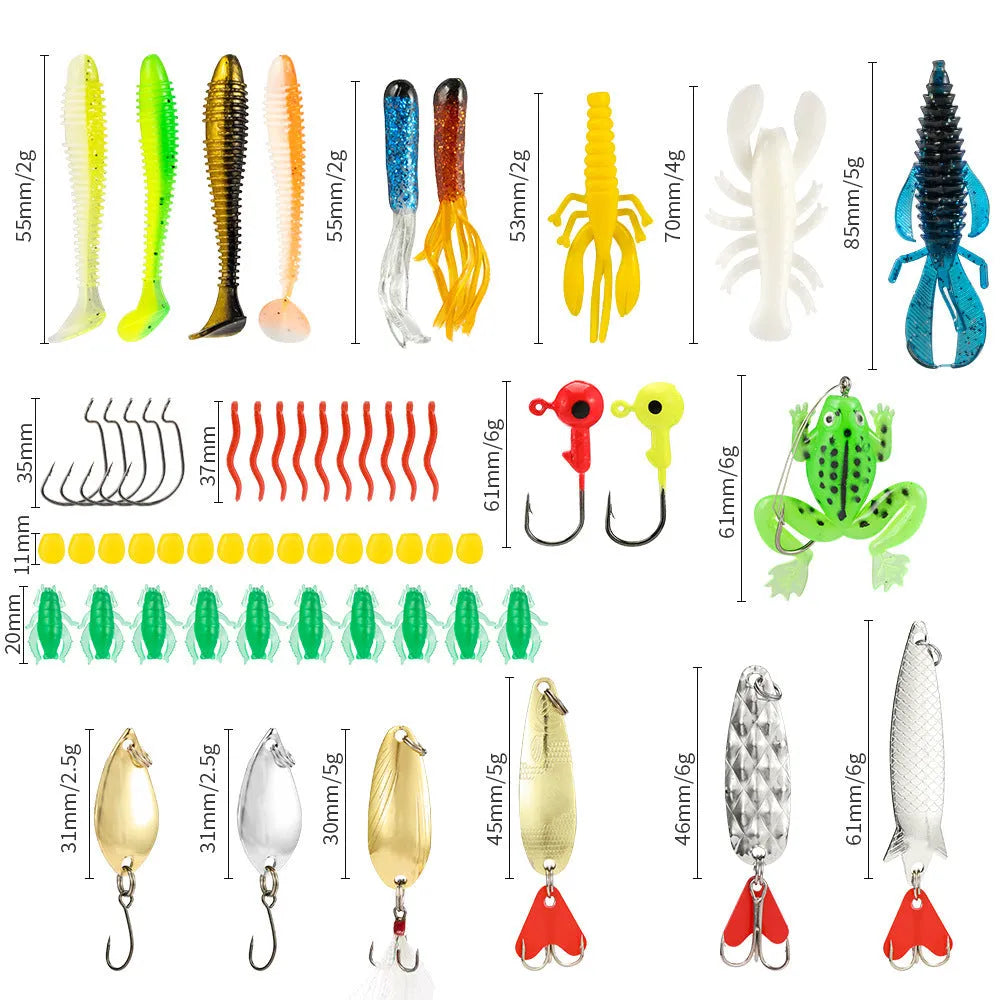 Mino Bog 24-piece metal fishing lure set inside a black plastic storage case with six compartments.