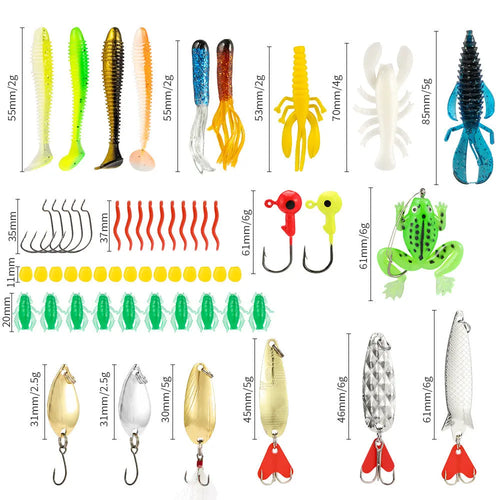 Mino Bog 24-piece metal fishing lure set inside a black plastic storage case with six compartments.