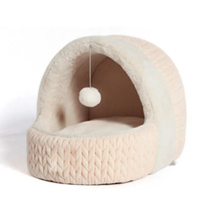 Four Seasons semi-enclosed cat bed in gray cloth for small dogs and cats