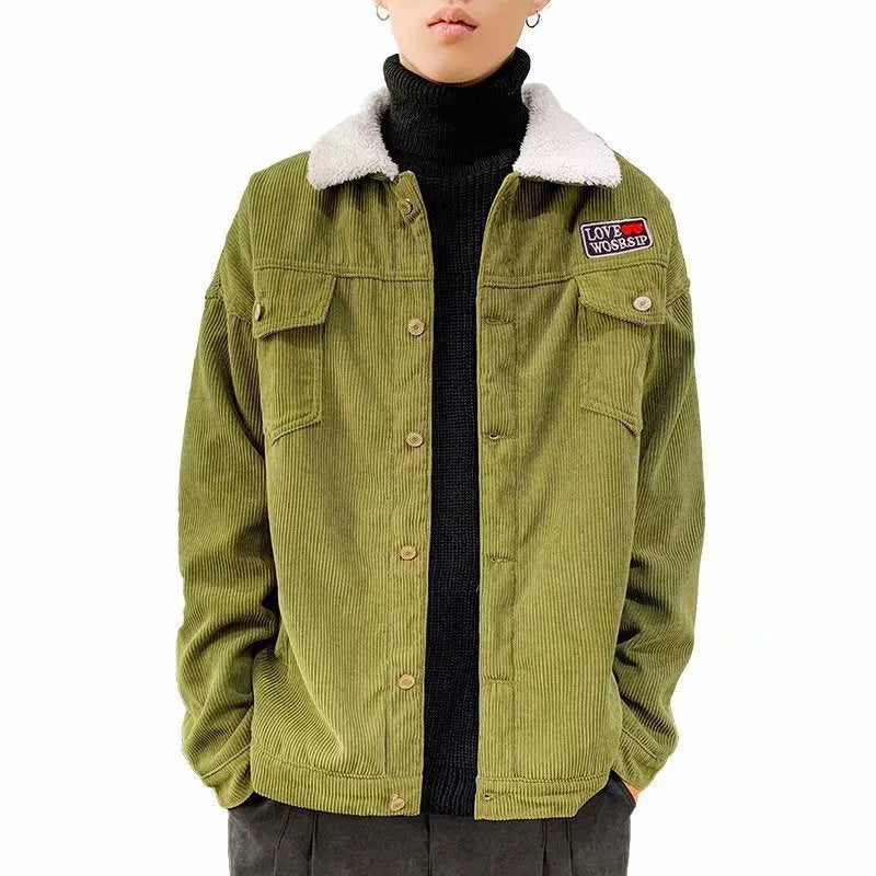 Men's loose-fit corduroy workwear jacket in khaki colour showing front view with stick pockets.