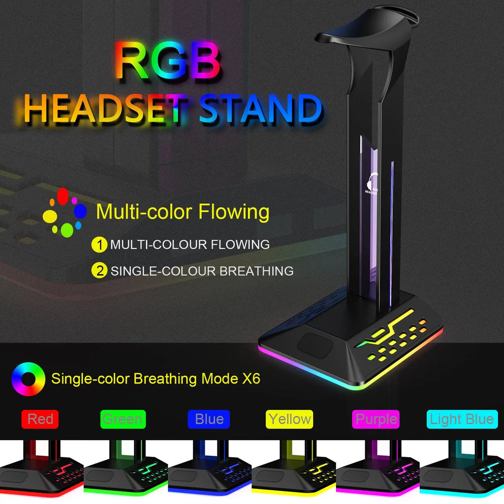 RGB headphone stand with glowing LEDs, dual USB ports, and a headset displayed on it.