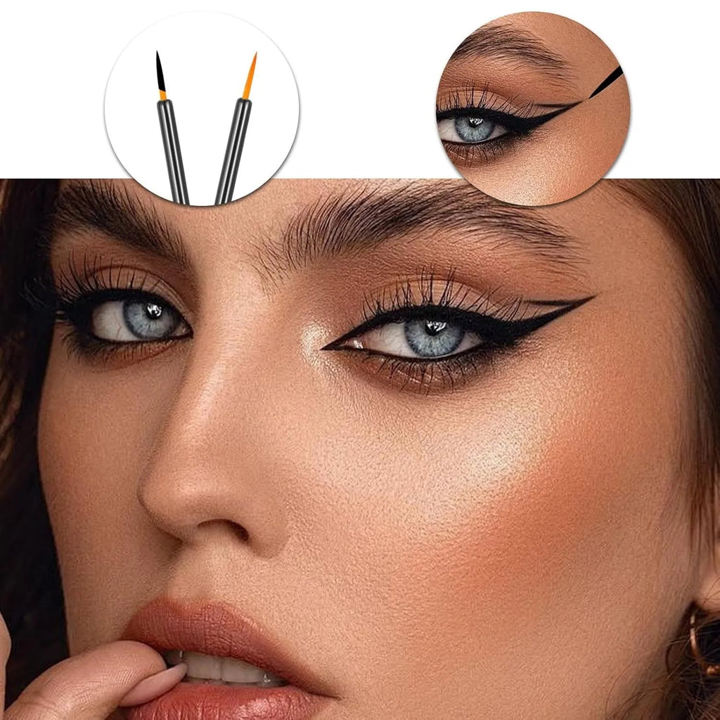 Pack of 100 black disposable eyeliner brushes with fine points and plastic protective sleeves.