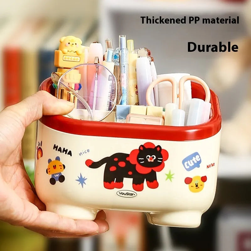 Dopamine cartoon style plastic desktop organiser with multiple storage boxes in red and brown colours