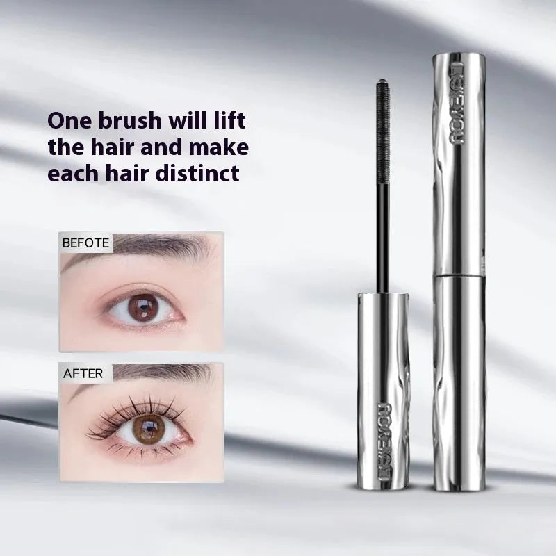 Steel tube waterproof mascara with applicator and optional eyelash curler in black or brown