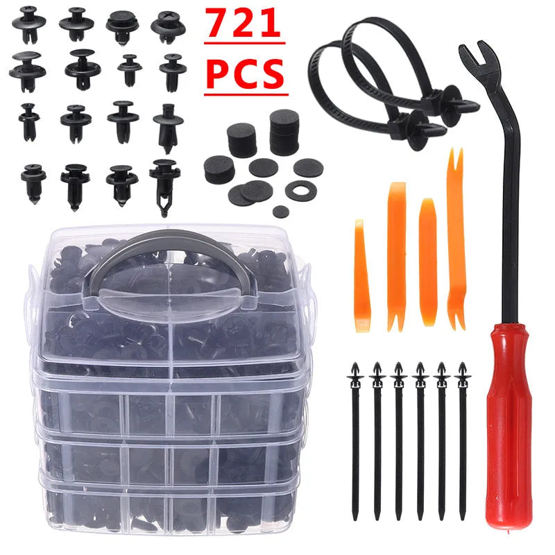 721PCS boxed buckle set for general automobile panel lining and bumper fasteners with tools and gaskets