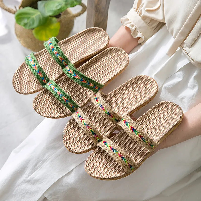 Women's indoor linen toe ring slippers with non-slip EVA sole in beige horizontal bar colour