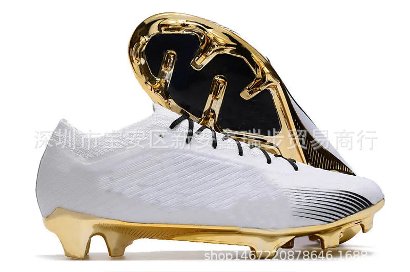 Men's low-top football shoes with knitted upper, rubber outsole with FG studs, shown in a front lace-up style.