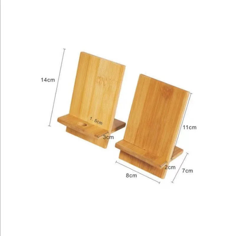 Desktop bamboo phone holder charging stand with universal tablet support, 14x8 cm, natural bamboo finish