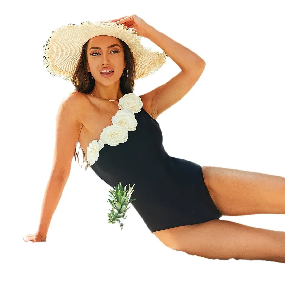 Solid black one-piece swimsuit with nylon lining shown flat