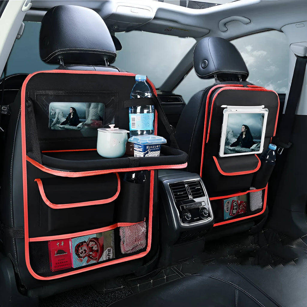 Car seat back storage bag in black Oxford cloth hanging on seat back, 54 x 42 x 22cm multi function organiser