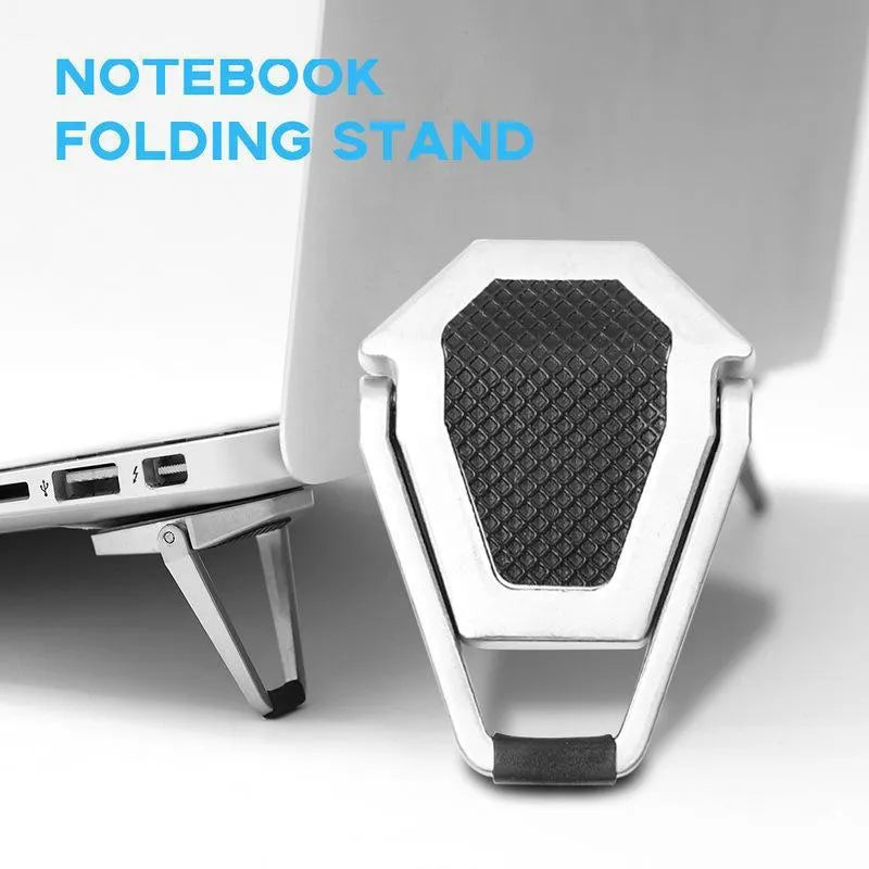 Aluminium alloy folding laptop bracket showing compact 4.8cm height with adhesive backing