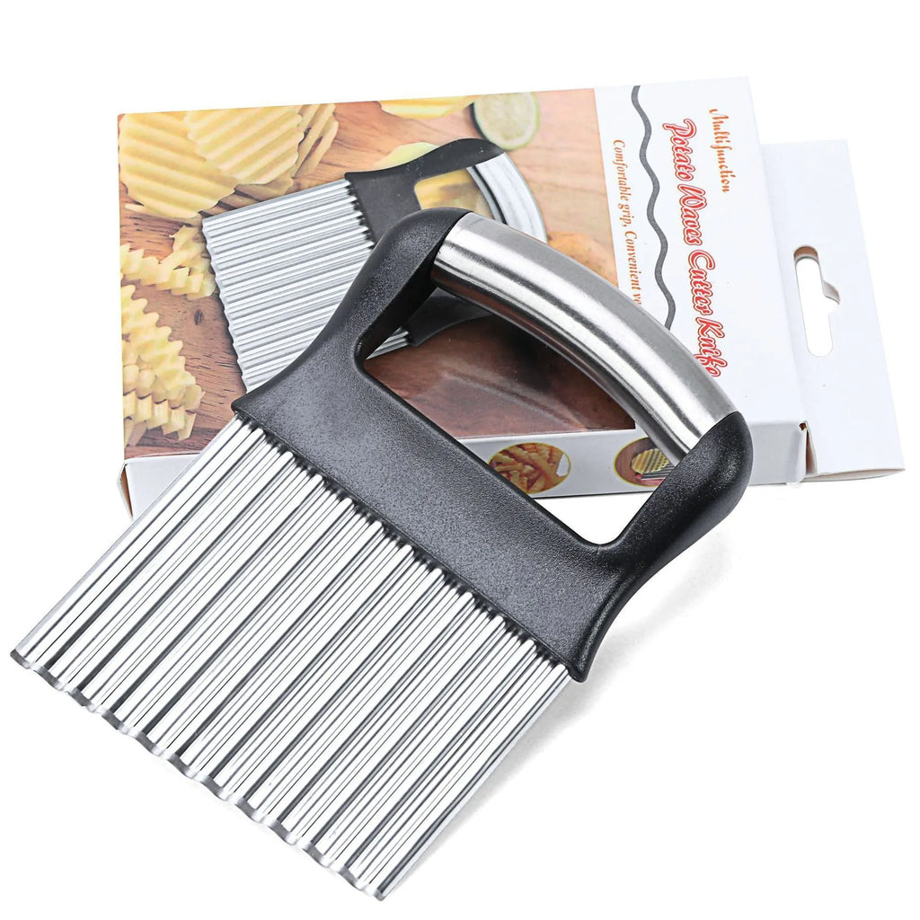 Stainless steel potato wave knife for making crinkle-cut chips on a wooden kitchen surface.