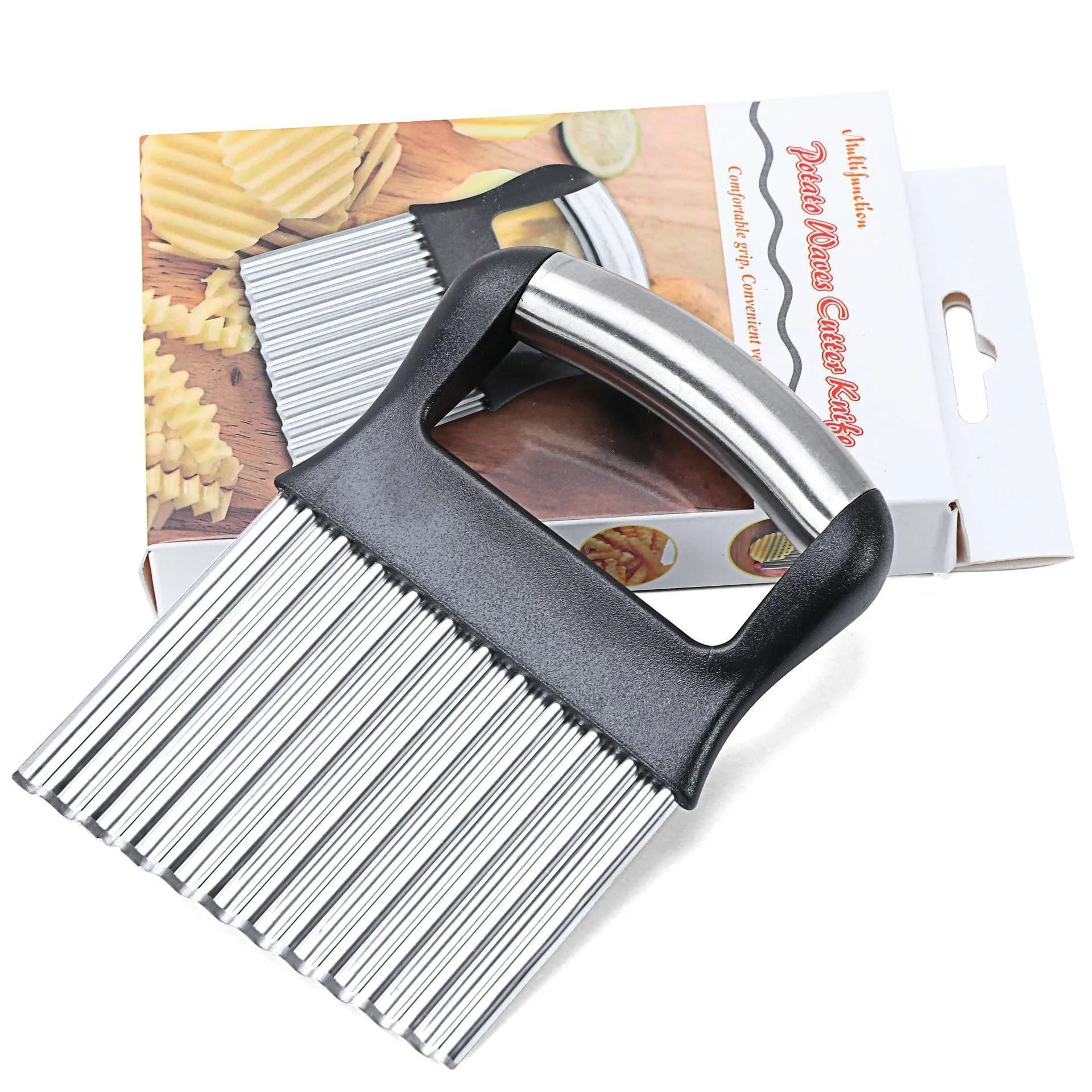 Stainless steel potato wave knife for making crinkle-cut chips on a wooden kitchen surface.