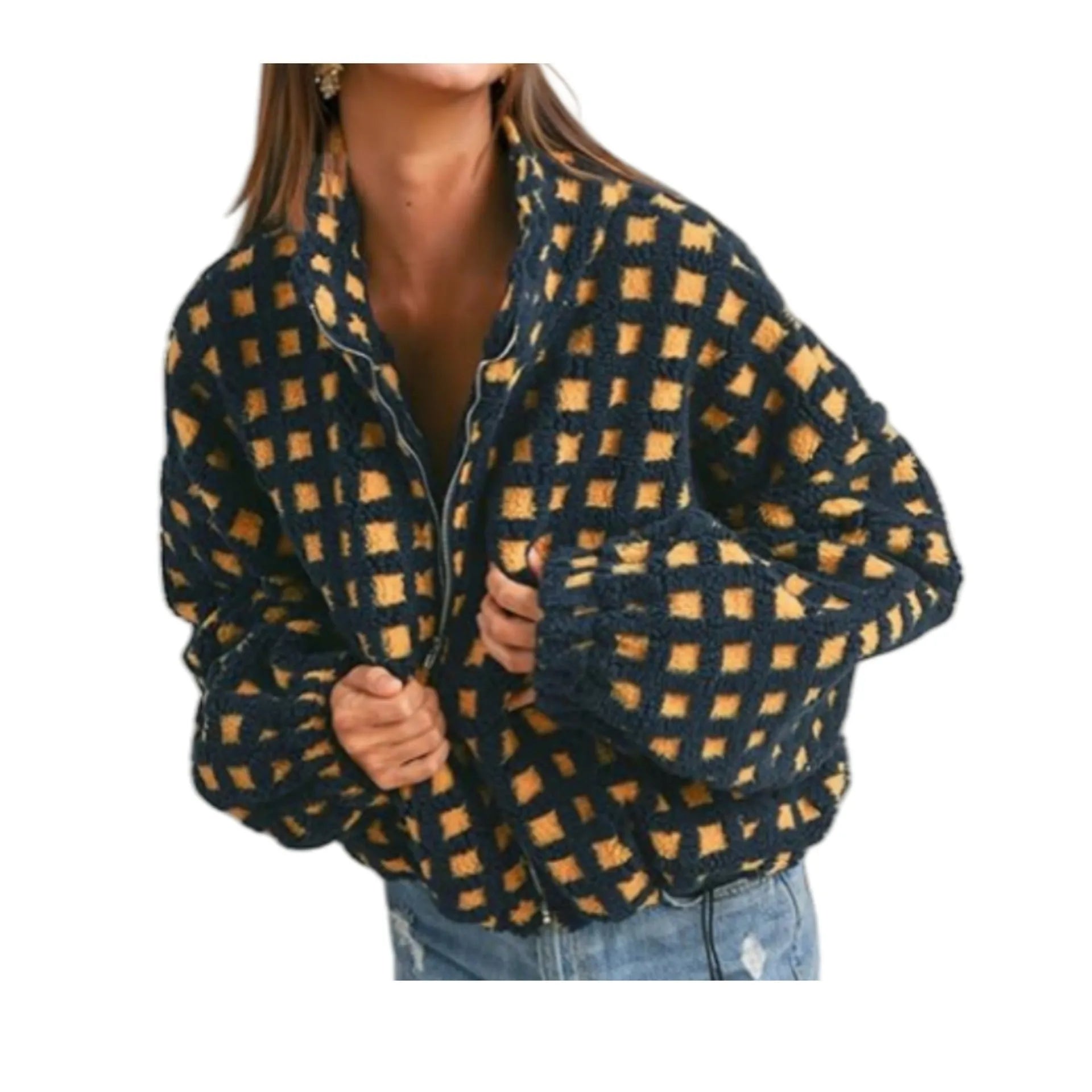 Women anti-blowing lamb wool plaid casual loose jacket, polyester fibre, multiple colour options, front view