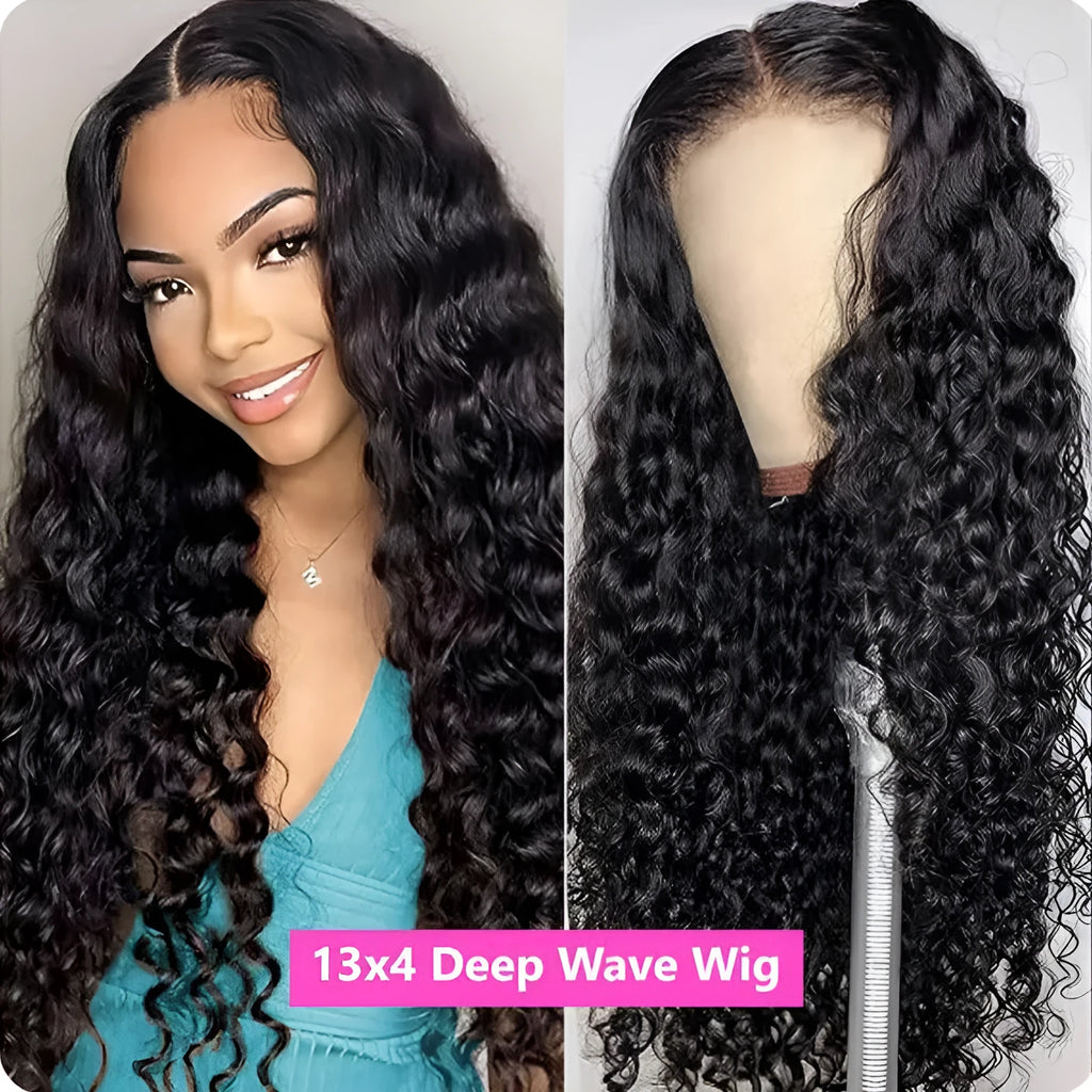 Glueless deep wave lace wig 13x4 K silk long straight black hair with bangs on mannequin