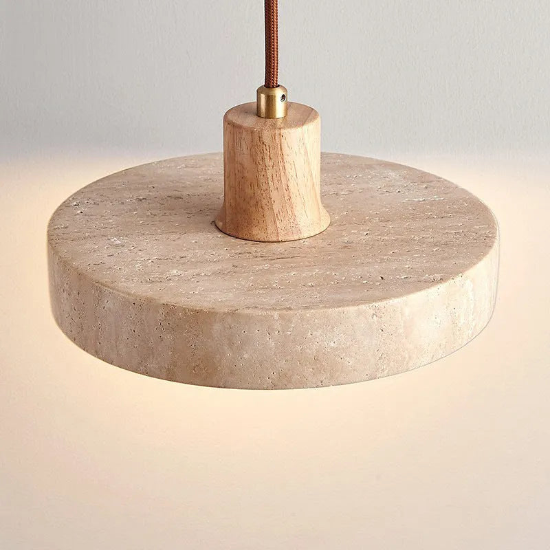 Small yellow cave stone and solid wood pendant light on a bedside table, 21 cm diameter, wood colour option