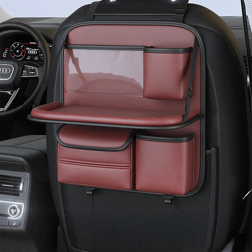 Car seat back storage bag with foldable dining table in waterproof leather construction