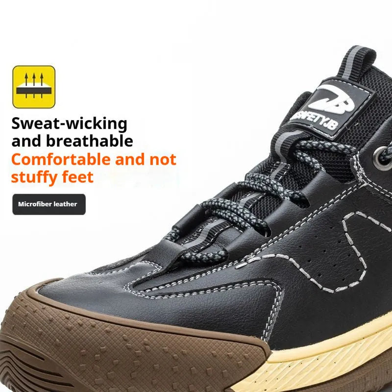 Flyknit leather safety work shoe with rubber sole, shown in available colours.