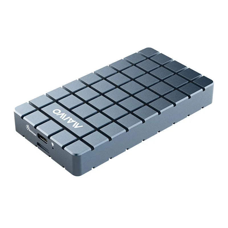 Silver aluminium USB4 external hard drive enclosure for M.2 solid state drives, shown next to its packaging.