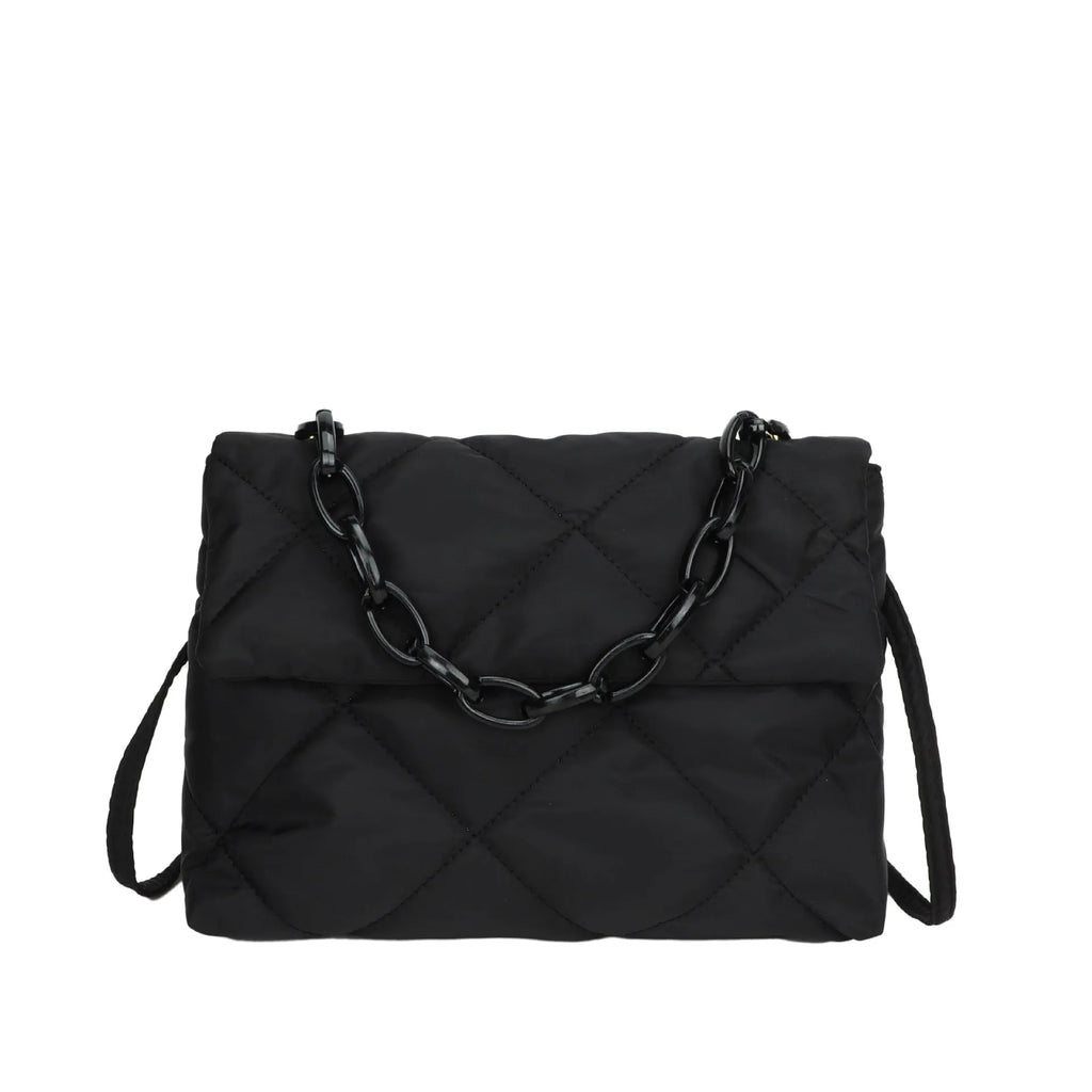 Nylon diagonal cross texture diamond grid handbag in solid colour with chain detail, available in black, green, rose red, and white, 29x19x7 cm