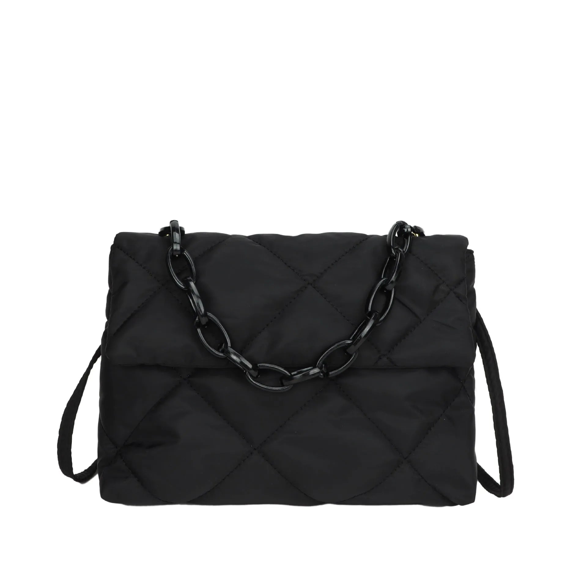 Nylon diagonal cross texture diamond grid handbag in solid colour with chain detail, available in black, green, rose red, and white, 29x19x7 cm