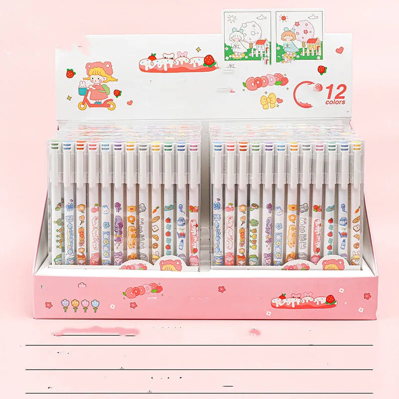 Twelve colourful gel pens with 0.5mm tips and cartoon designs arranged together