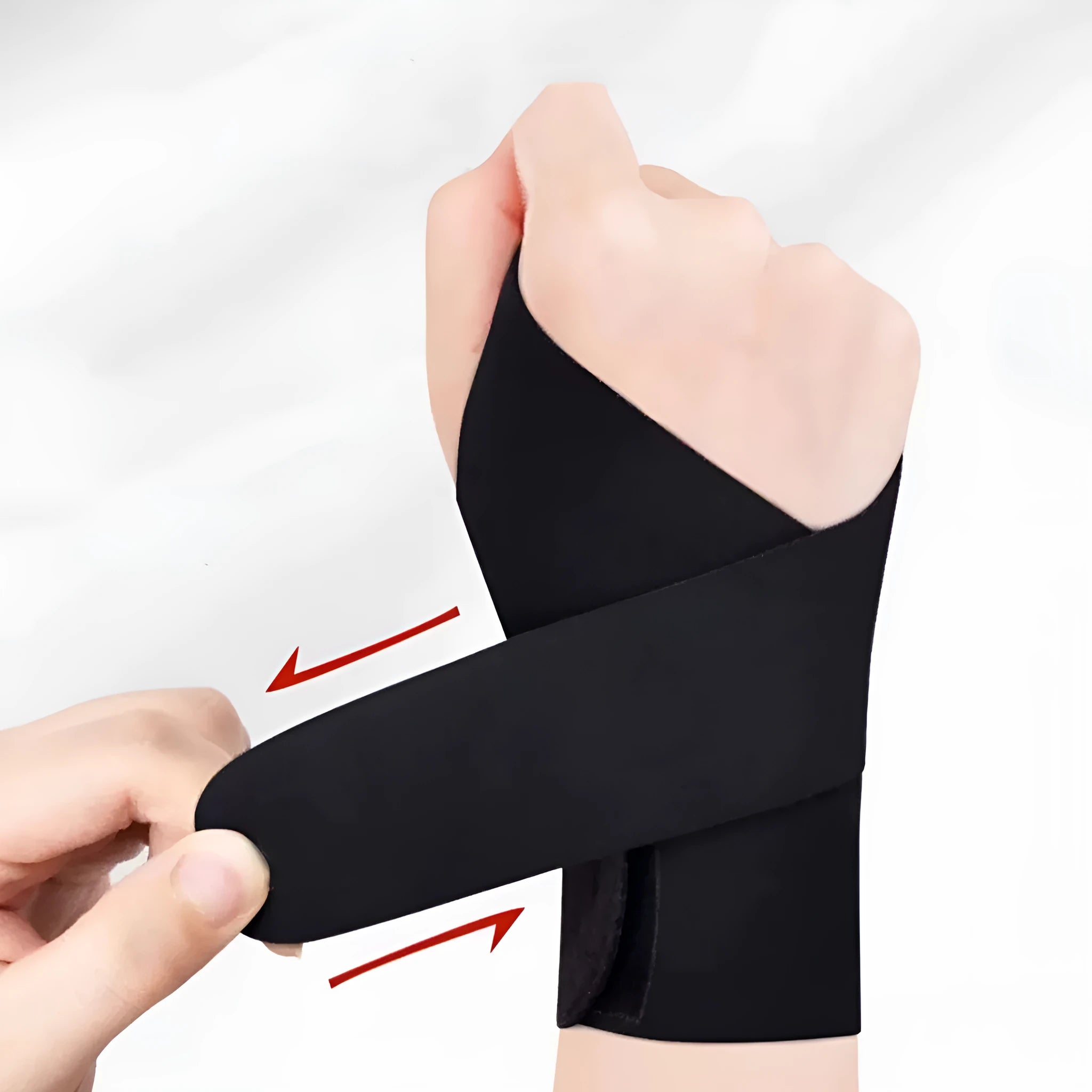 Adjustable black athletic wristguard shown on a wrist, demonstrating its thin, breathable design for sports.