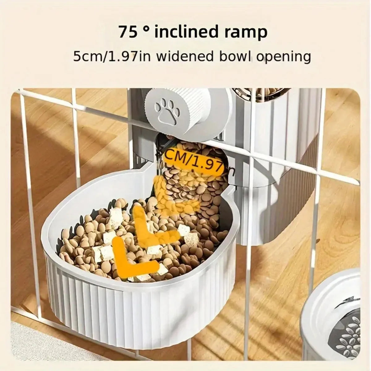 1.2L grey automatic pet feeder and 520ml water dispenser set with hanging cage design for small puppy, cat, or rabbit.