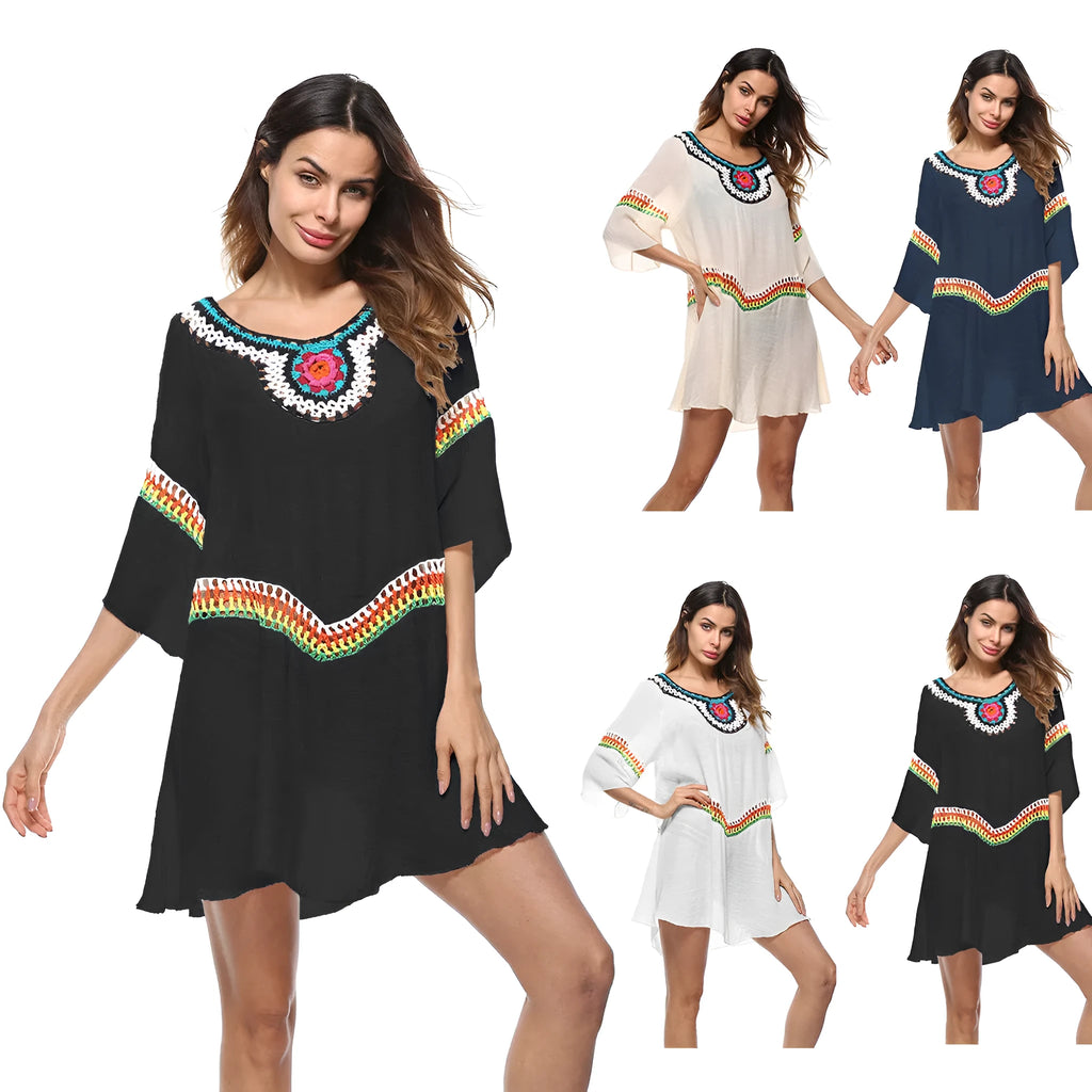 Crocheted ethnic style sun protection clothing in polyester fabric for beach activities