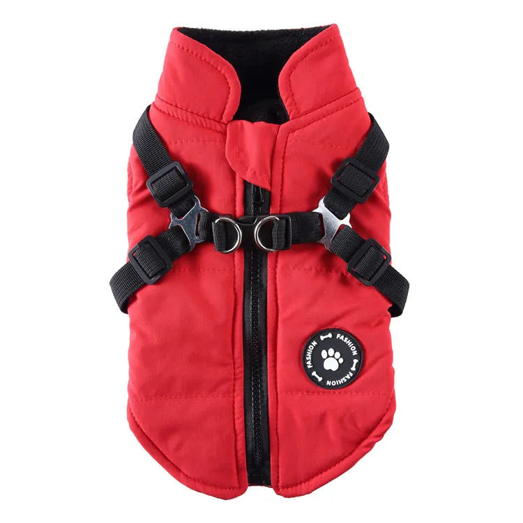 Chest strap padded dog jacket in polyester available in multiple sizes and colours