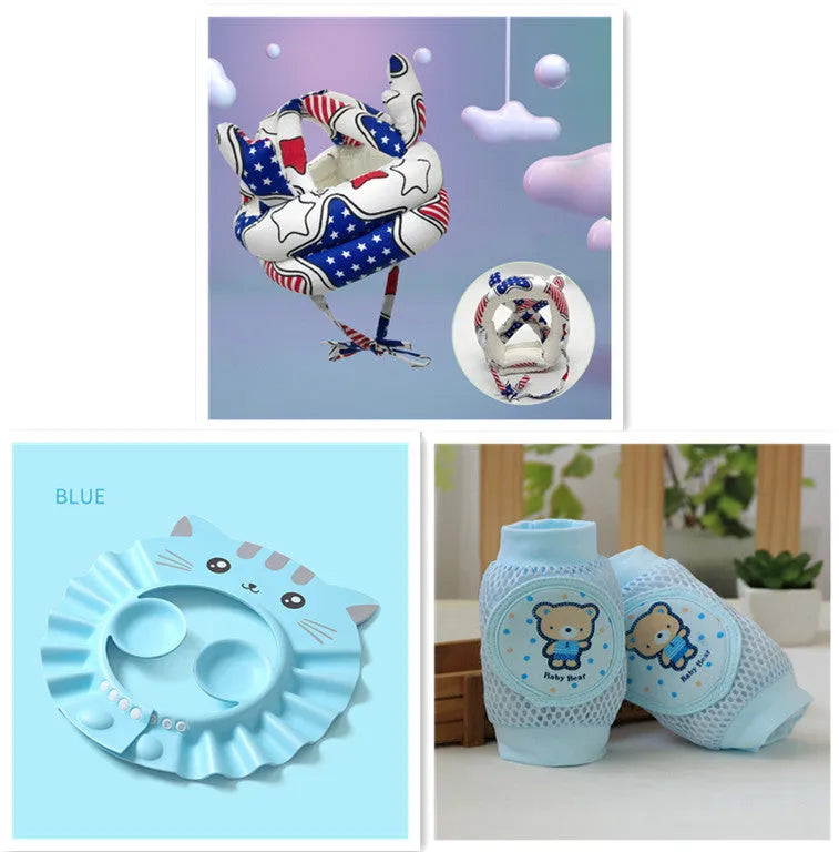 Adjustable baby shower cap with waterproof ear protectors in cartoon pattern