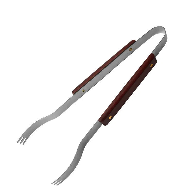 BBQ tool set with stainless steel shovel, fork and tongs with wooden handles