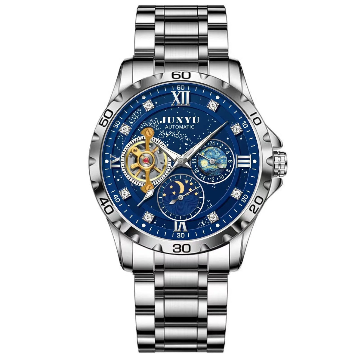 Automatic mechanical men's watch with rose gold case, black starry sky dial, luminous hands, and waterproof construction