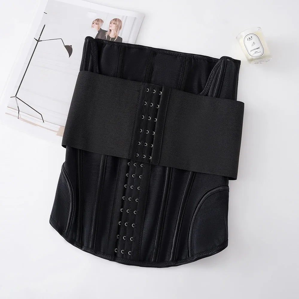 Black and apricot nylon belly band for waist training, shown with belt tie, sizes XXXS to 3XL.