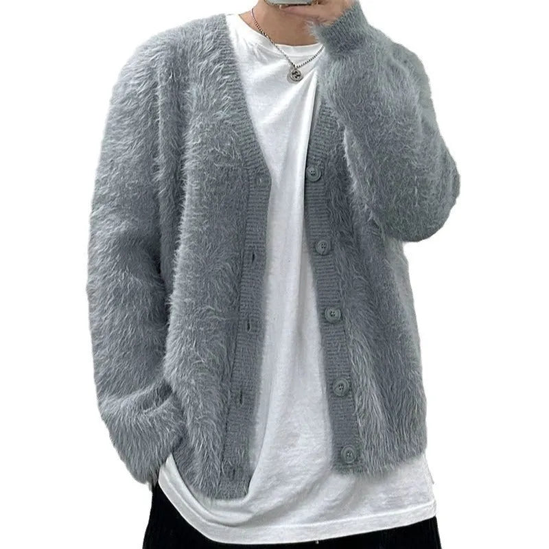 Mohair American Retro V-neck sweater coat in black, loose fit pullover for teenagers