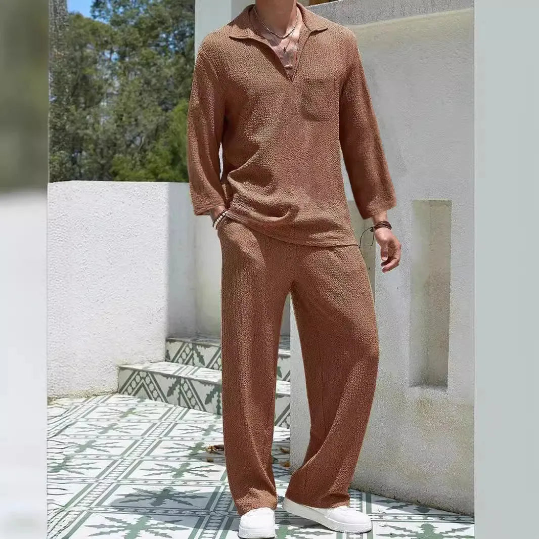 Men's casual shirt trousers commuter suit set in lake blue colour