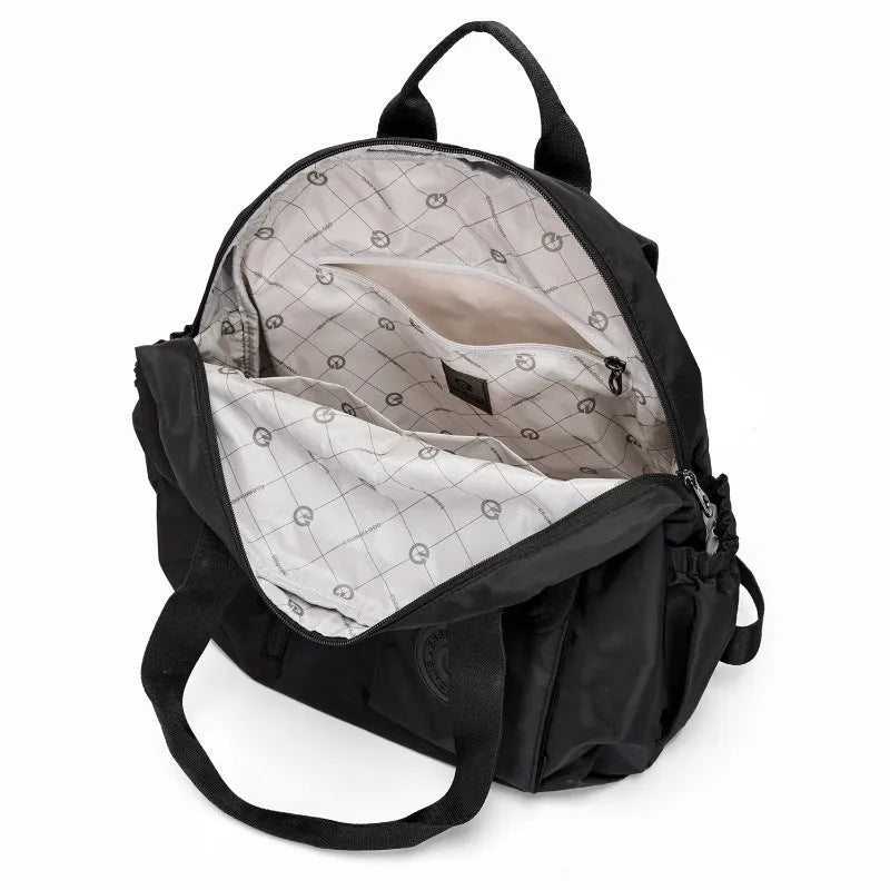 Large capacity nylon backpack with sandwich pocket in black, khaki, or green colours
