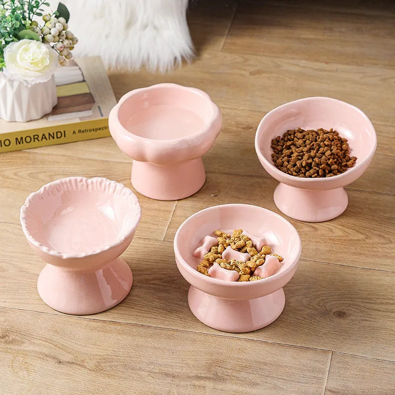 Anti-tumble large diameter ceramic pet bowl for cats, pink style, wide base design