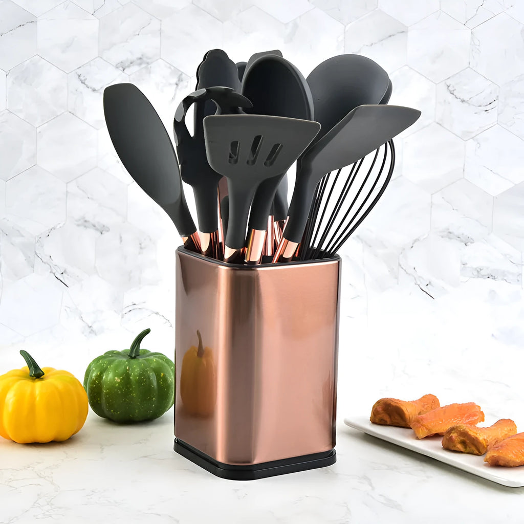 13-piece dark grey silicone kitchenware set with storage bucket, stainless steel handles, arranged upright