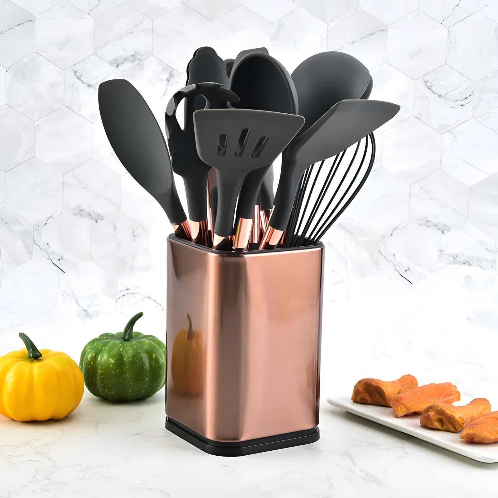 13-piece dark grey silicone kitchenware set with storage bucket, stainless steel handles, arranged upright