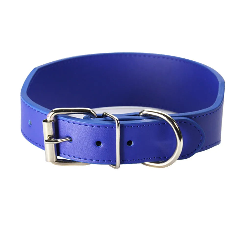 Fish-shaped red leather dog collar for large dogs on a size chart.