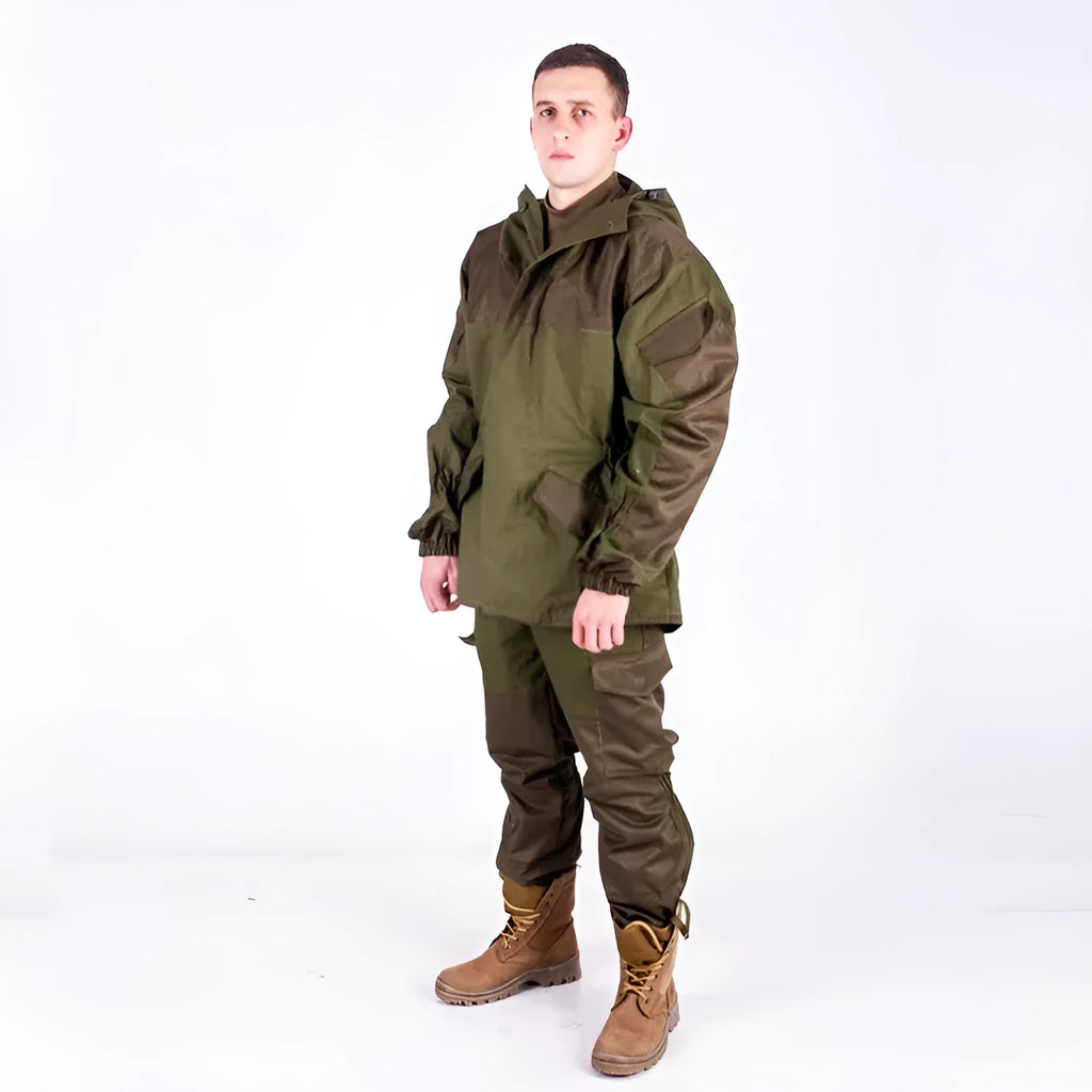 Men's Special Forces tactical combat uniform in cotton blend, featuring jacket and trousers, shown in camouflage green.