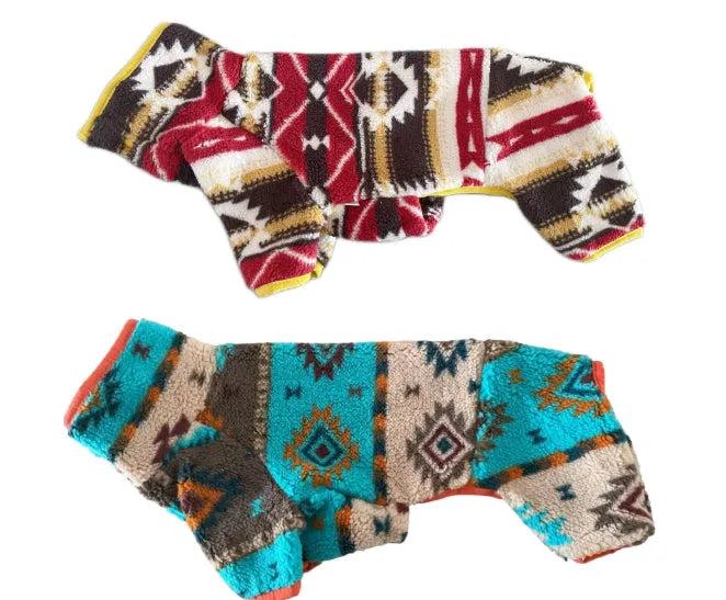 Thick four-legged dog clothing with diamond pattern in red for autumn and winter, side view on a dog