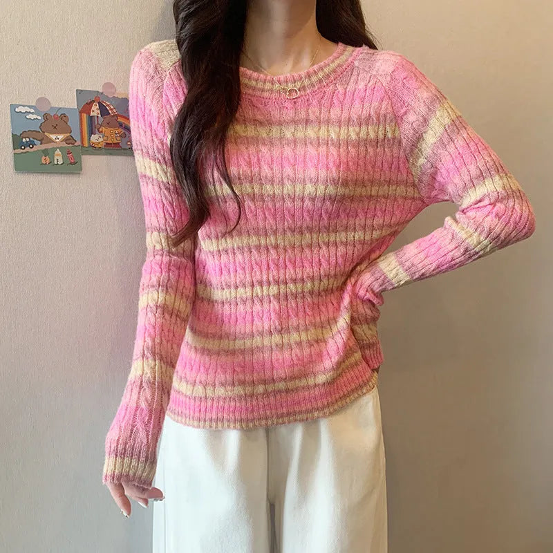 Striped round neck pullover sweater for women slim fit long sleeve embossing knit in pink